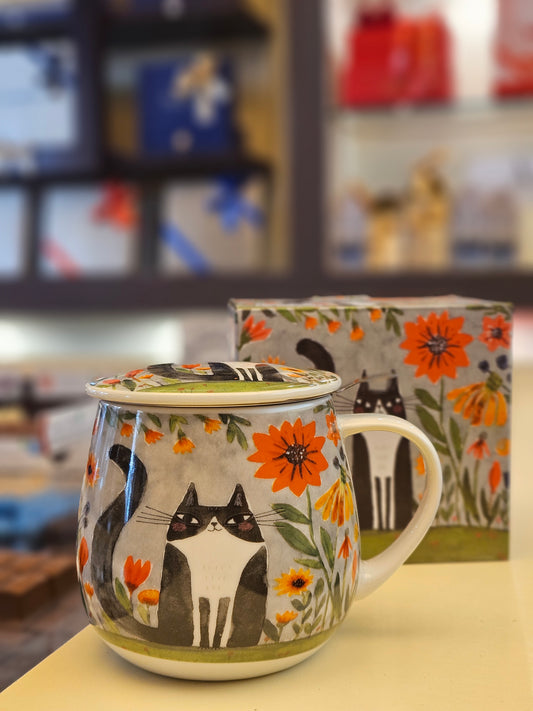 Taza Gato Flores con tapa, filtro y caja de regalo 400ml